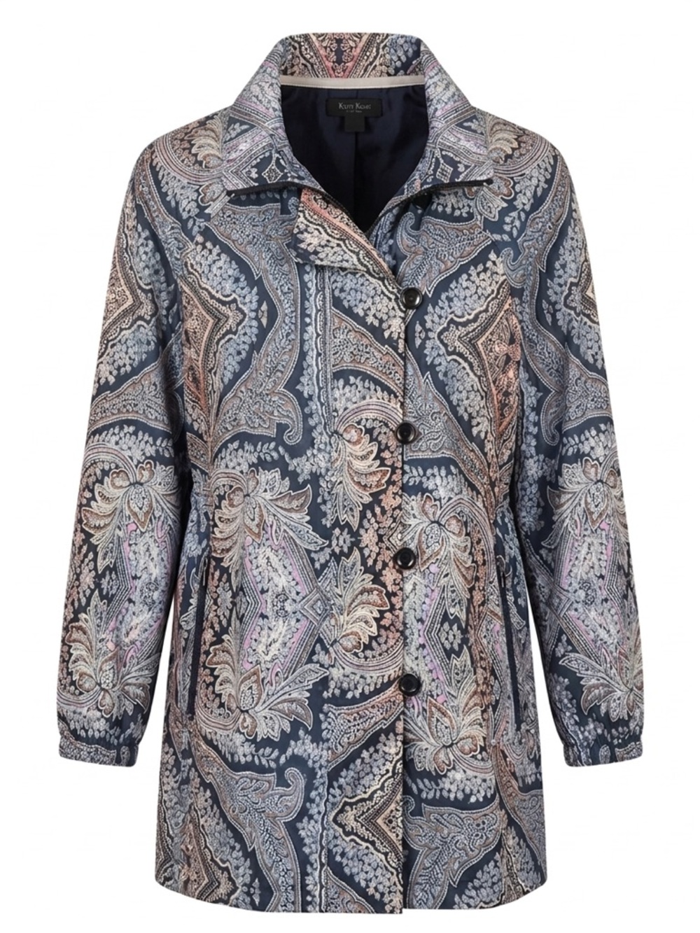 Karen Kane Navy Paisley Trench Coat with Pink & Cream Accents large
